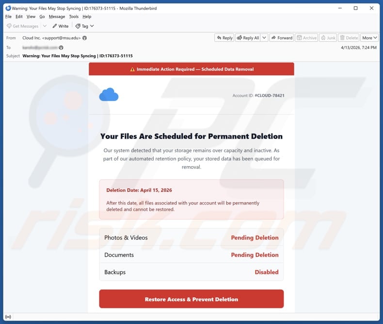 Cloud Files Are Scheduled For Permanent Deletion email spam campaign