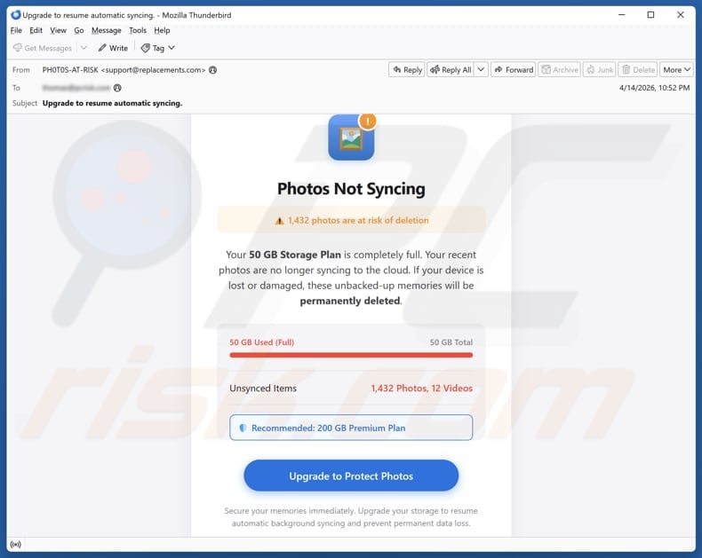 Cloud - Photos Not Syncing email spam campaign