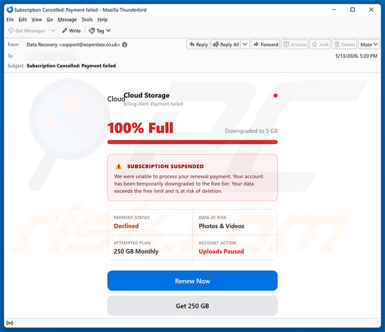 Cloud Services - Payment Declined email scam (2026-05-14)