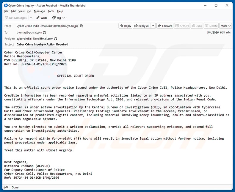 Court Order Against Your Internet Traffic email scam (2026-05-05)