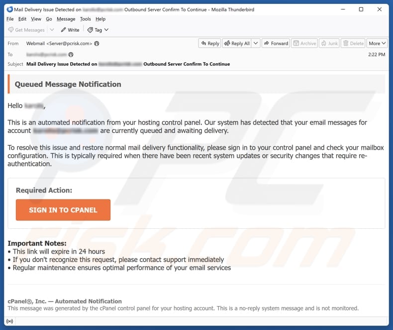 cPanel Account Authentication email spam campaign
