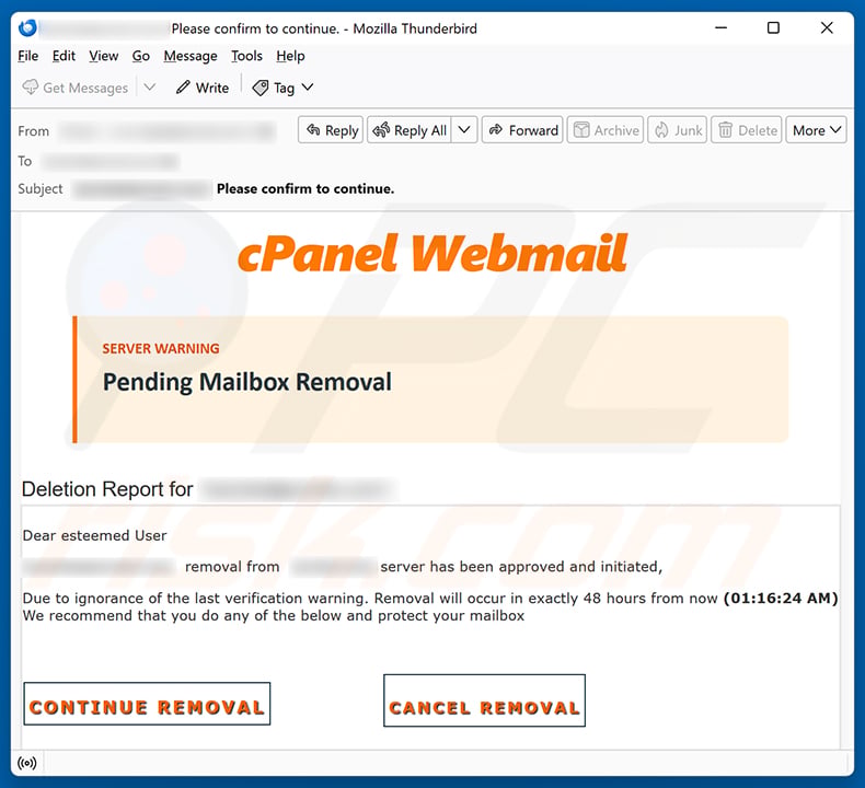 cPanel Mailbox Removal email spam campaign