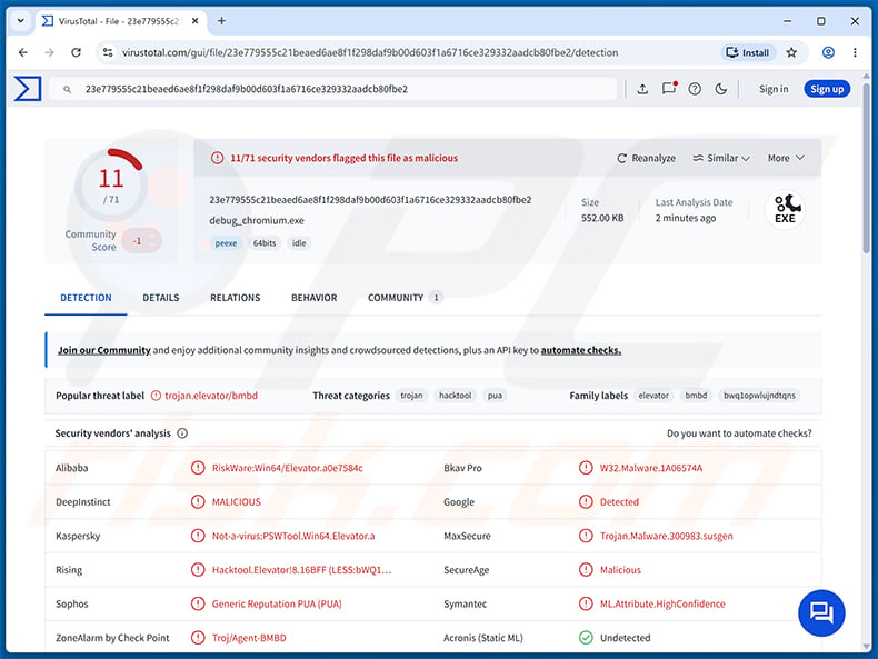 DebugElevator Stealer malware detections on VirusTotal