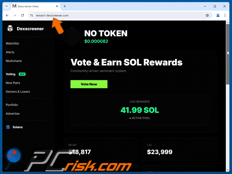 Appearance of Dexscreener Vote Rewards scam