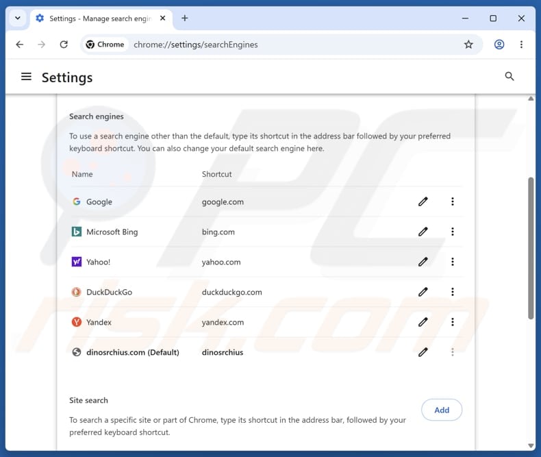 Removing dinosrchius.com from Google Chrome default search engine