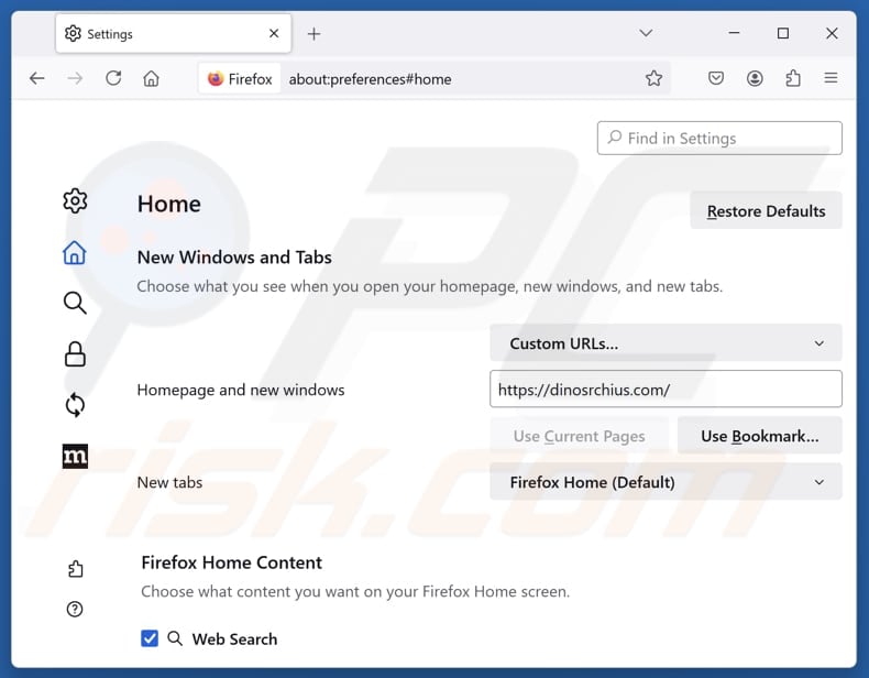 Removing dinosrchius.com from Mozilla Firefox homepage