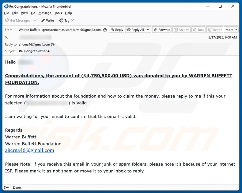 Donation By Foundation Email Scam email spam campaign
