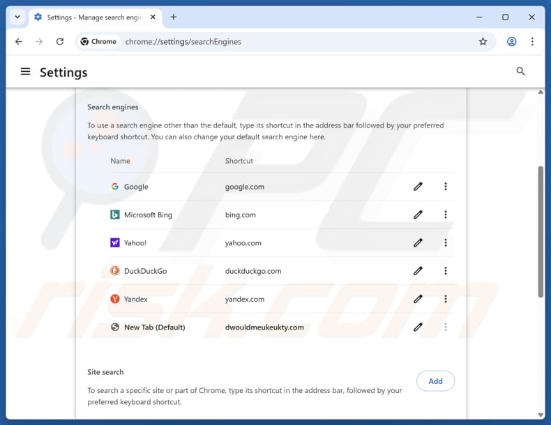 Removing dwouldmeukeukty.com from Google Chrome default search engine
