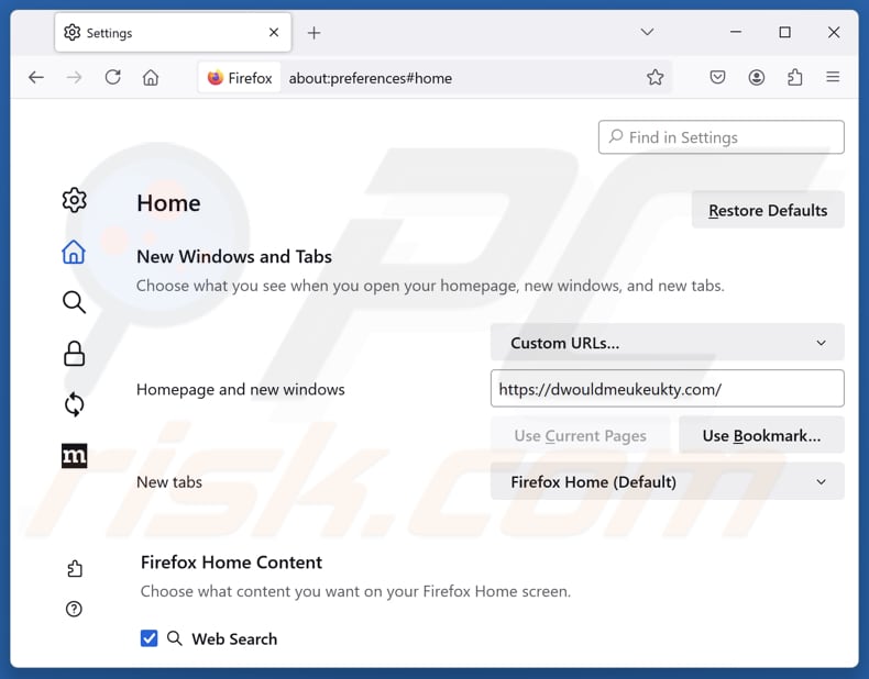 Removing dwouldmeukeukty.com from Mozilla Firefox homepage