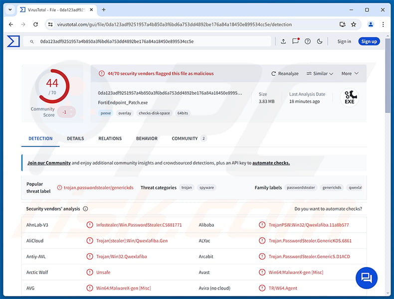 EKZ Stealer malware detections on VirusTotal