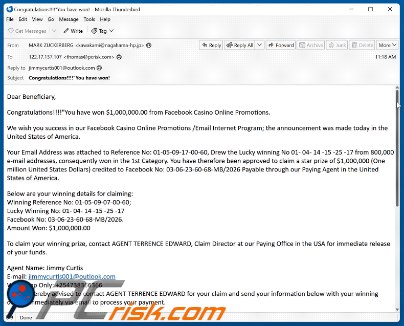 Facebook Casino Online Promotions scam email (GIF)