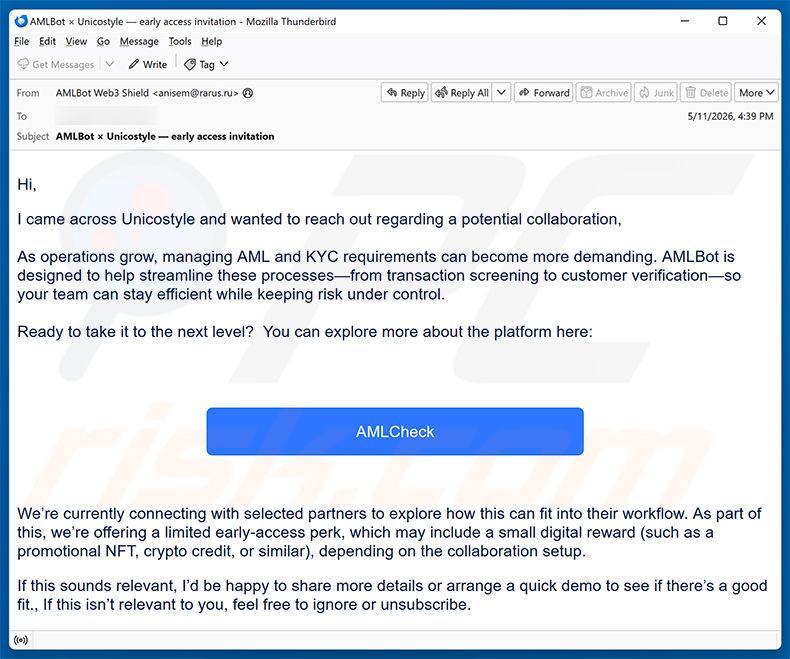 Scam email promoting a fake AMLBot website - av3d[.]fr