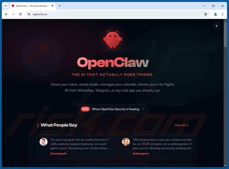 Fake OpenClaw AI Website Scam real website (openclaw.ai)