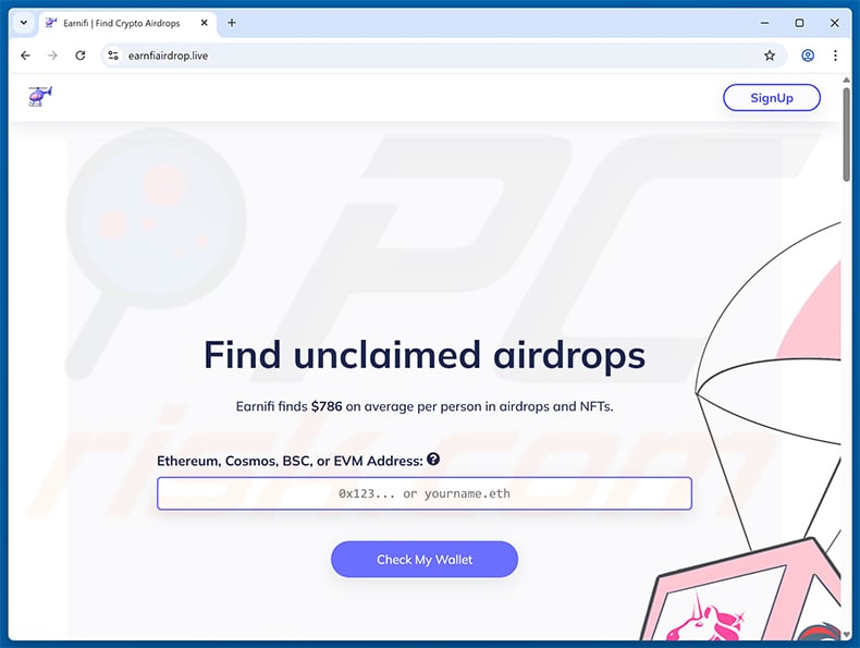 Find Unclaimed Airdrop scam website (earnfiairdrop[.]live)