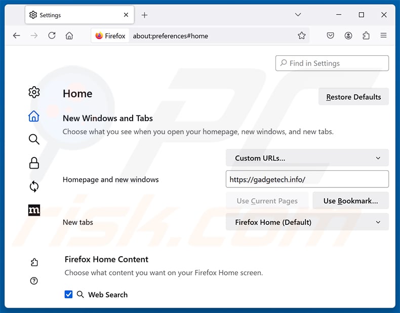 Removing gadgetech.info from Mozilla Firefox homepage
