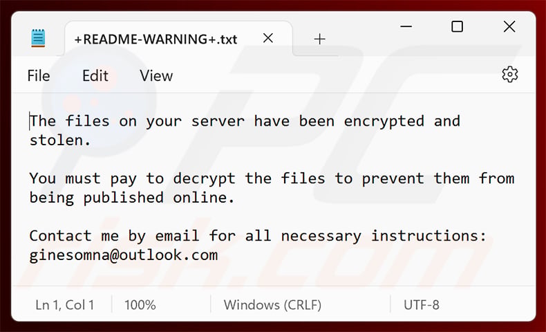 Gines ransomware ransom note (+README-WARNING+.txt)