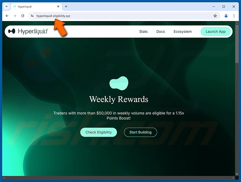 Hyperliquid Rewards scam website (hyperliquid-eligibility[.]xyz)