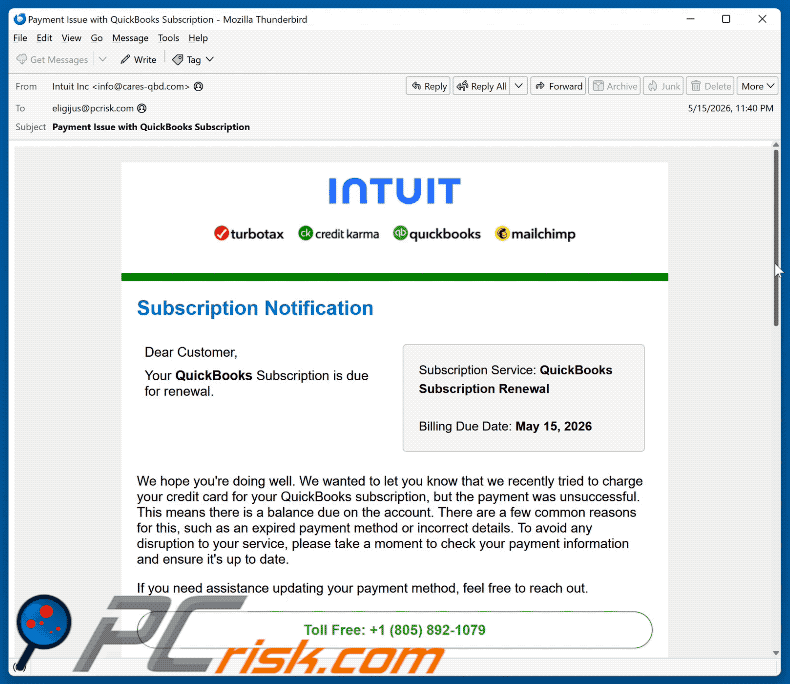 Intuit QuickBooks Subscription Is Due For Renewal scam email (GIF)