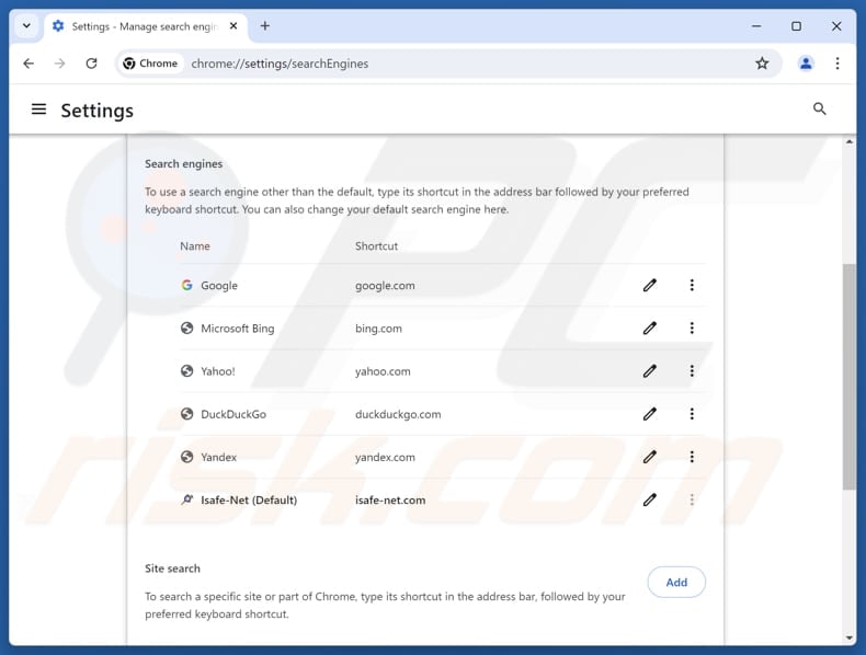 Removing isafe-net.com from Google Chrome default search engine