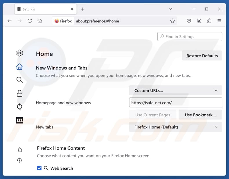 Removing isafe-net.com from Mozilla Firefox homepage