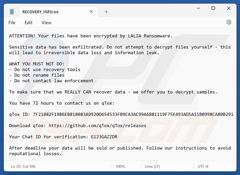 Lalia ransomware text file (RECOVERY_INFO.txt)