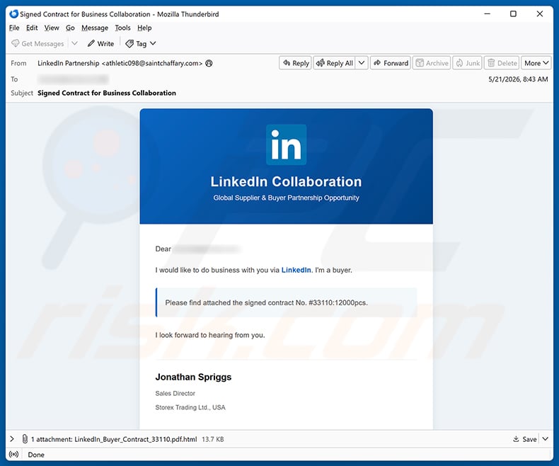 LinkedIn Collaboration Email Scam email spam campaign