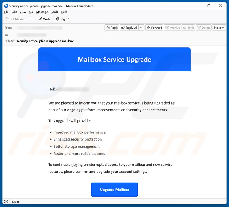 Mailbox Service Upgrade email spam campaign