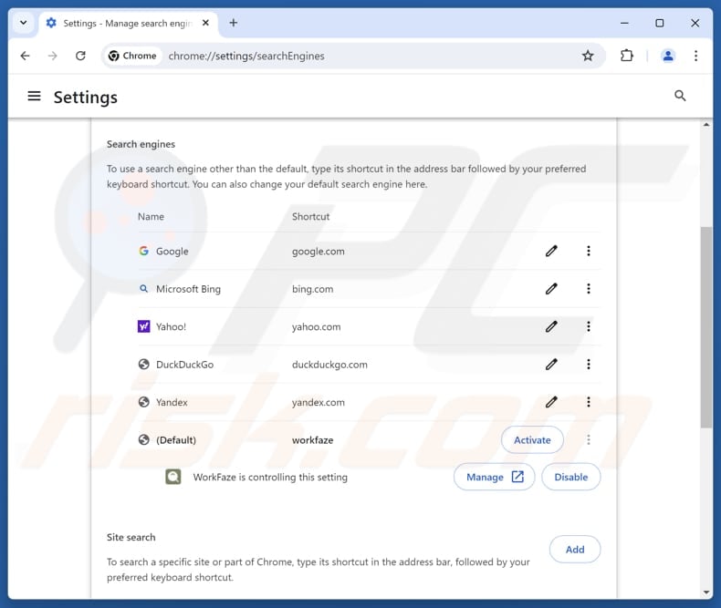 Removing myworkfaze.com from Google Chrome default search engine