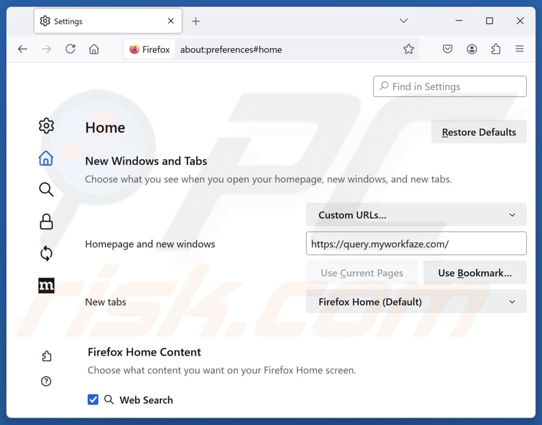 Removing myworkfaze.com from Mozilla Firefox homepage