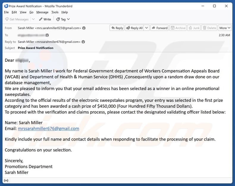 Online Promotional Sweepstakes email spam campaign