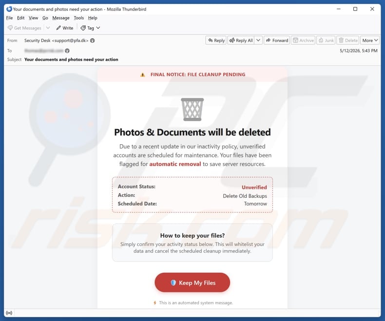 Photos & Documents Will Be Deleted email spam campaign