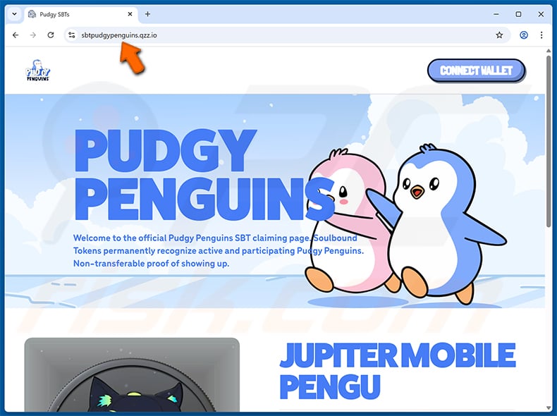Pudgy Penguins rewards-themed drainer website (sbtpudgypenguins.qzz[.]io)