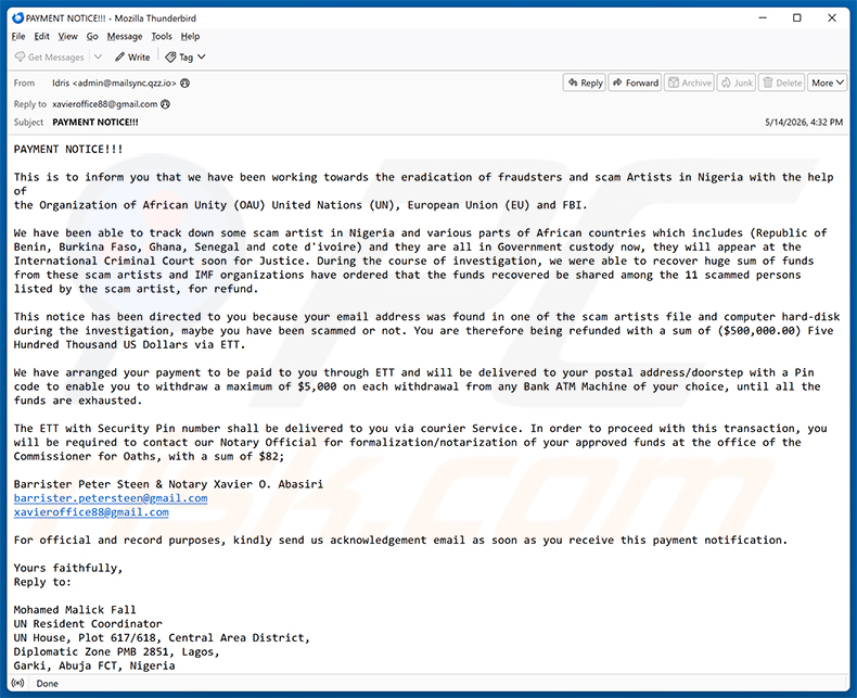 Recovered Stolen Funds And Crypto Currency Email Scam (2026-05-15)
