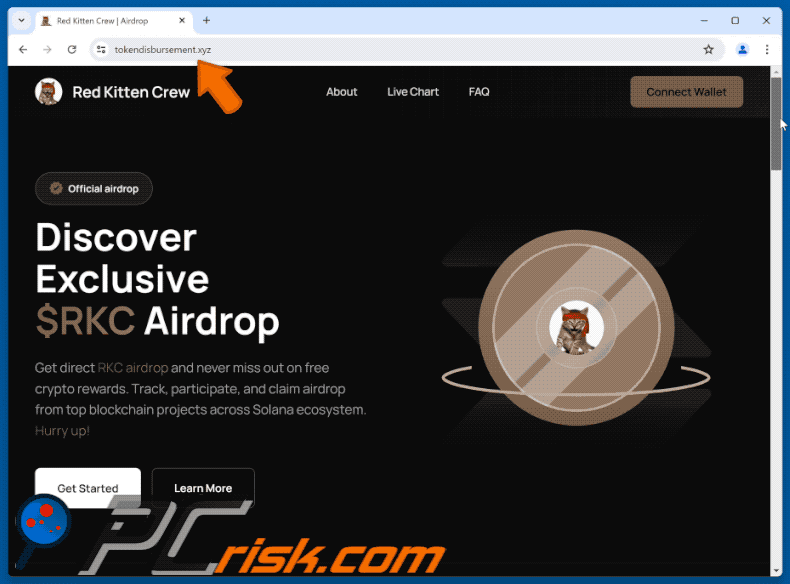 Appearance of Red Kitten Crew ($RKC) Airdrop scam (tokendisbursement[.]xyz) (GIF)