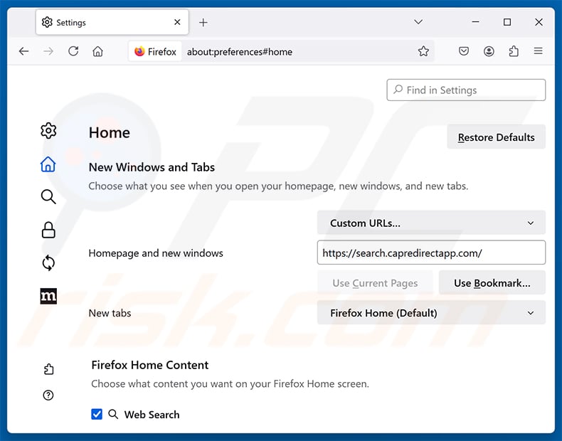 Removing search.capredirectapp.com from Mozilla Firefox homepage