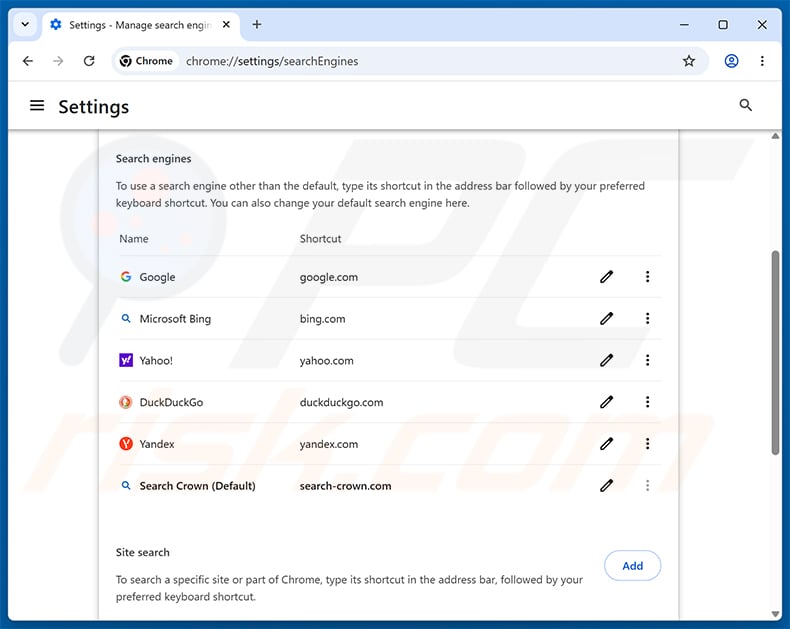 Removing search-crown.com from Google Chrome default search engine
