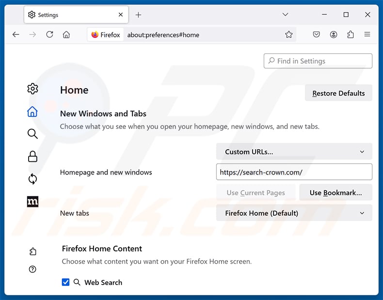 Removing search-crown.com from Mozilla Firefox homepage