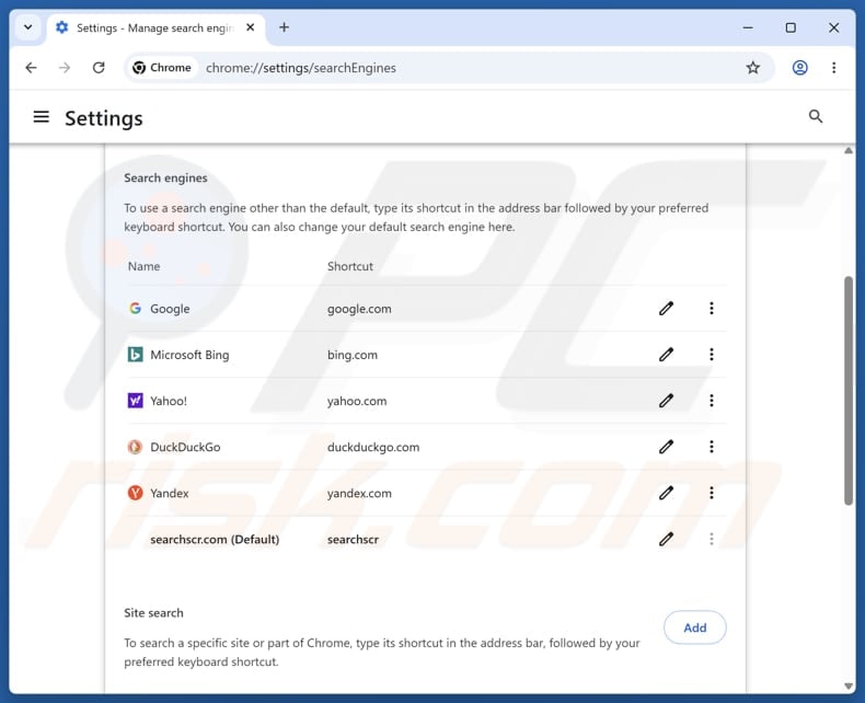 Removing searchscr.com from Google Chrome default search engine