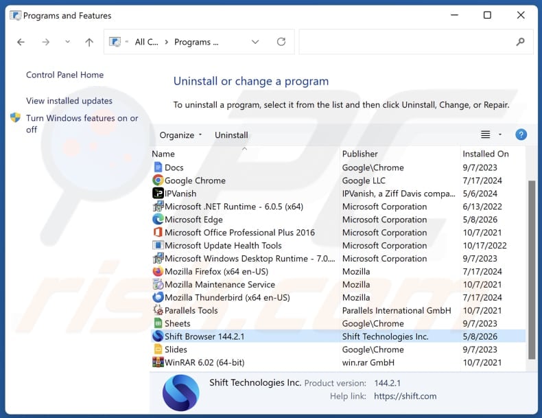 Shift uninstall via Control Panel
