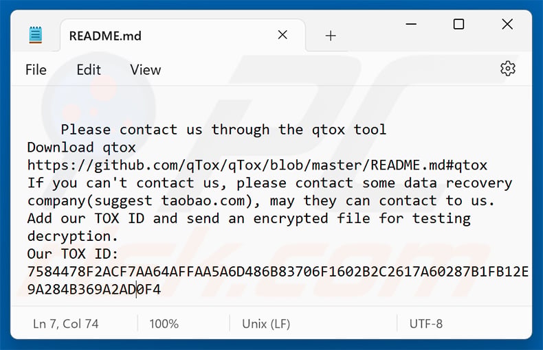 Ransom note by Sorry ransomware (README.md)
