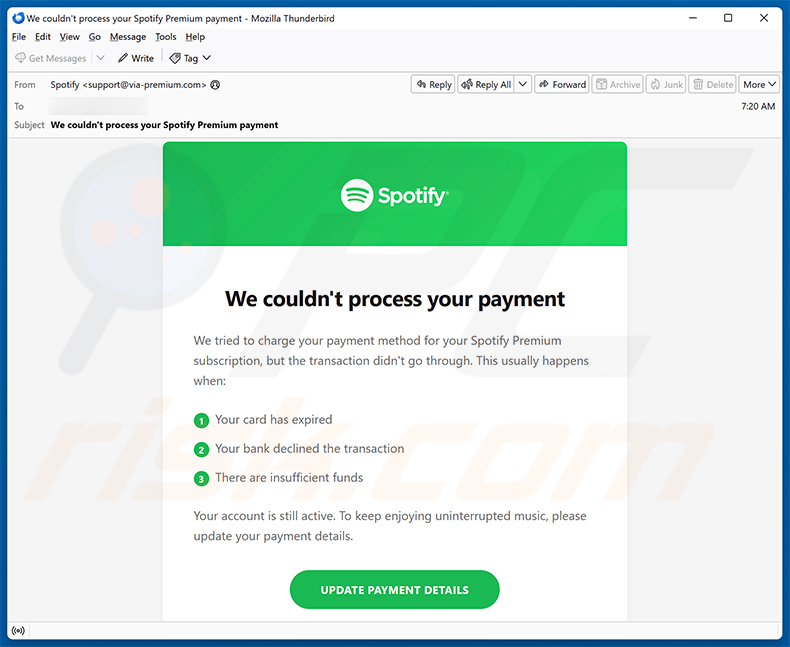 Spotify Can't Process Your Payment email scam (2026-05-05)