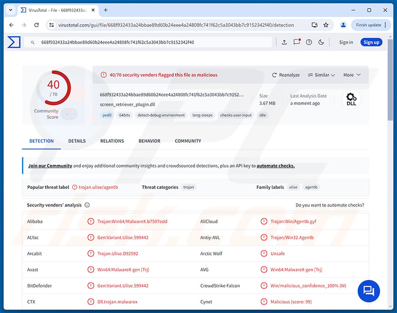 TCLBanker malware detections on VirusTotal