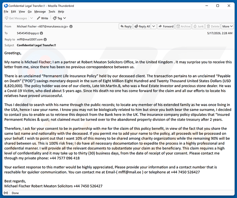Transfer On Death email scam (2026-05-18)