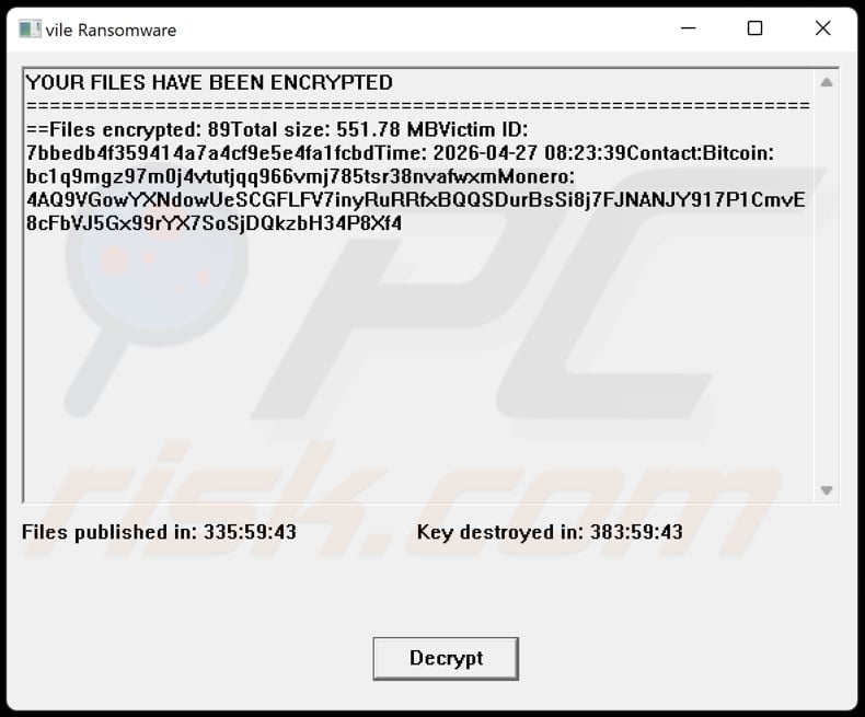 Vile ransomware pop-up message