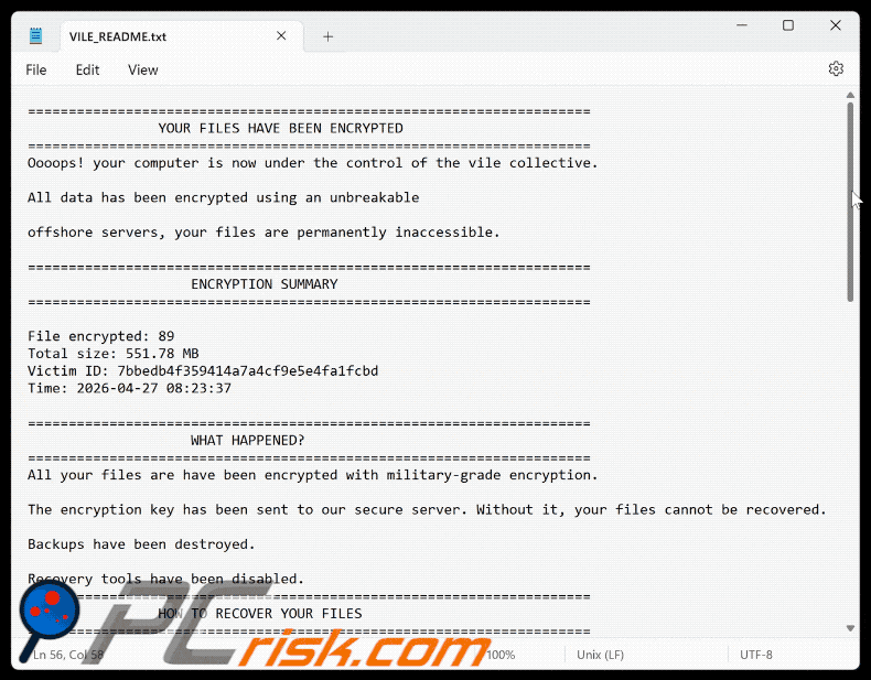 Vile ransomware text file (VILE_README.txt)