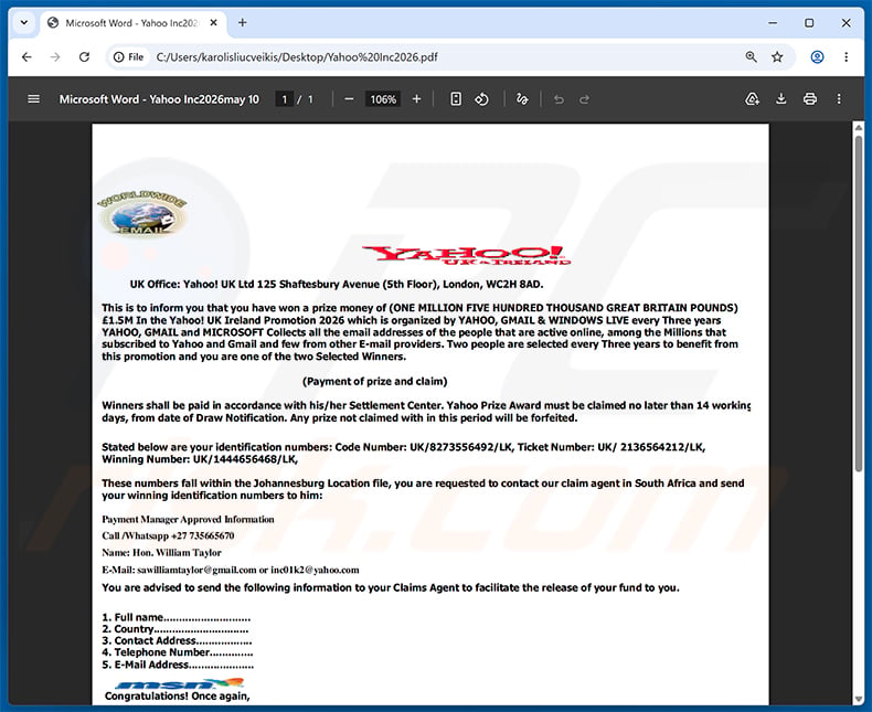 Yahoo Ireland lottery email scam