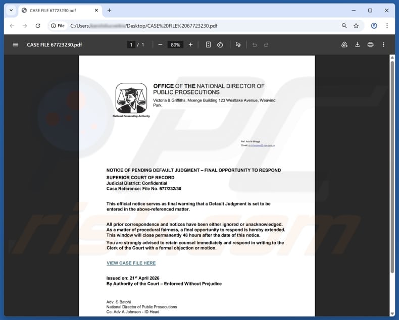 You Have Been Served With A Court Letter Email Scam attachment