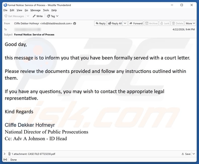 You Have Been Served With A Court Letter email spam campaign