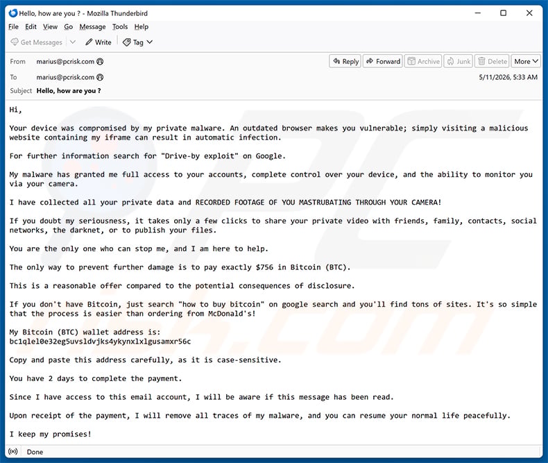Your Device Was Compromised By My Private Malware email spam campaign