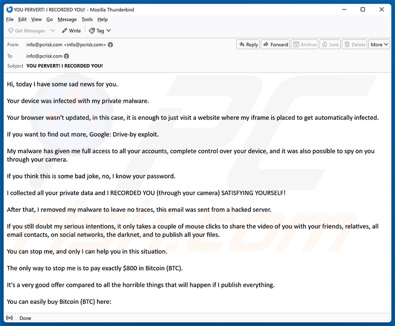 Your Device Was Infected With My Private Malware email scam (2026-05-14)